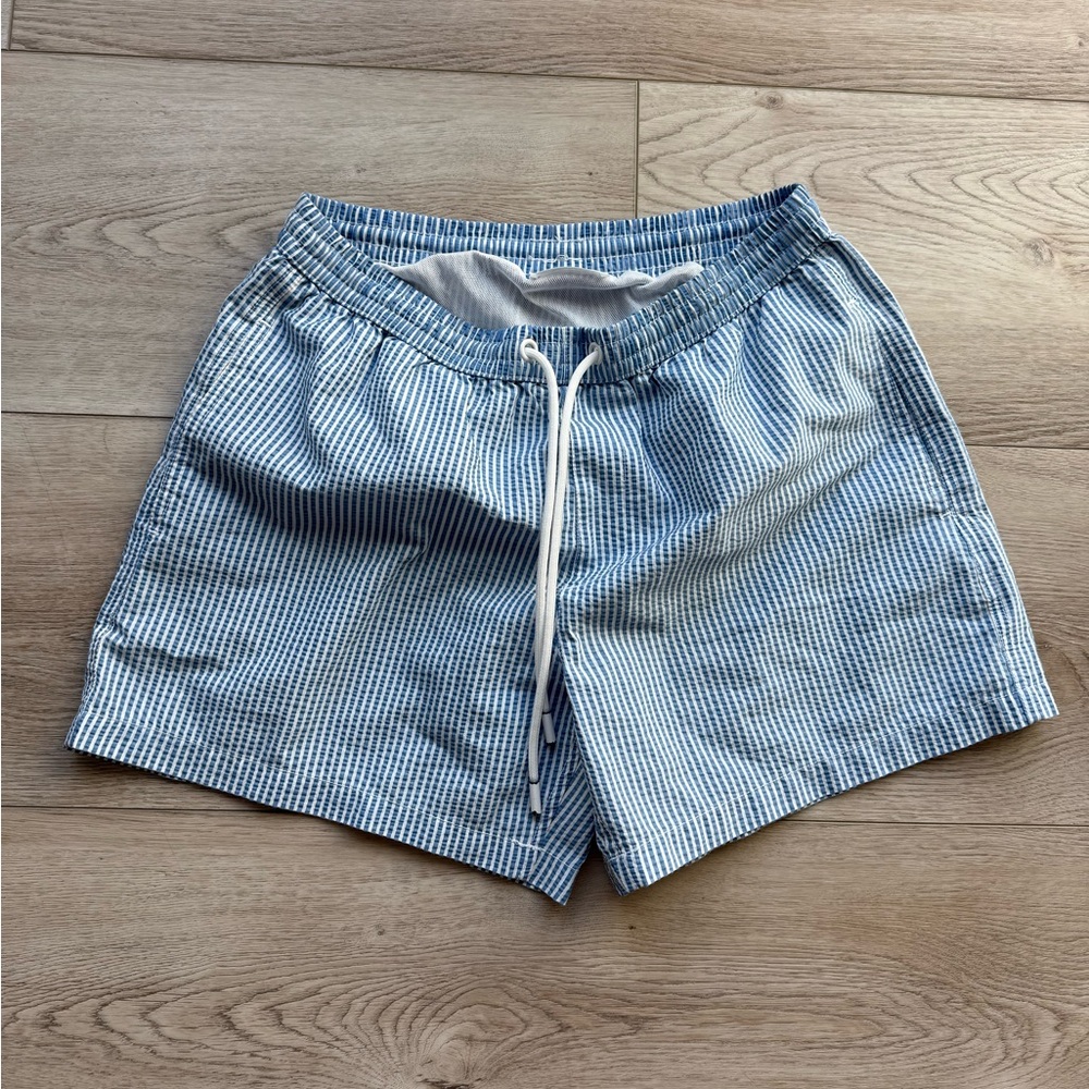 Men’s Medium Zara Seersucker Vertical Striped Swim Trunks